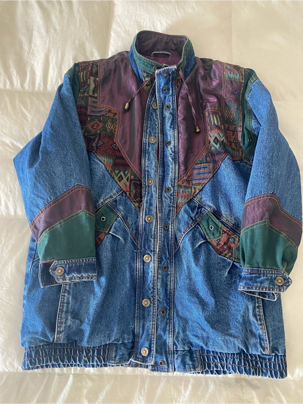 Vintage 80-90s Patchwork Denim Jacket Southwestern Tapestry Colorblock Oversized